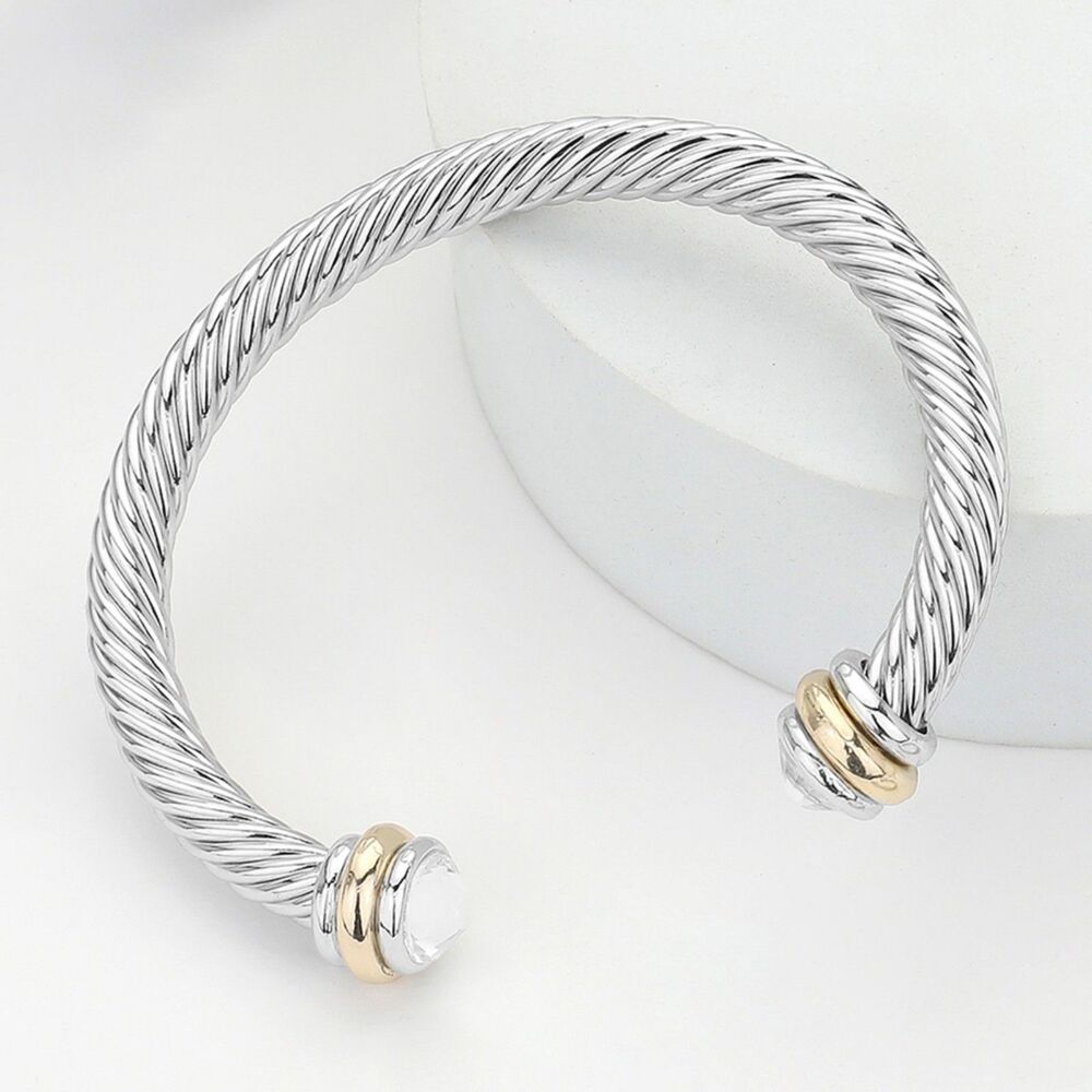 Silver Clear Stone Tip Twist Rope Cable Cuff Bracelet Bangle Textured Metal